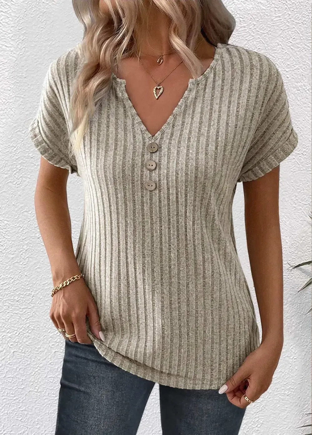 Light Camel Button Short Sleeve Split Neck T Shirt
