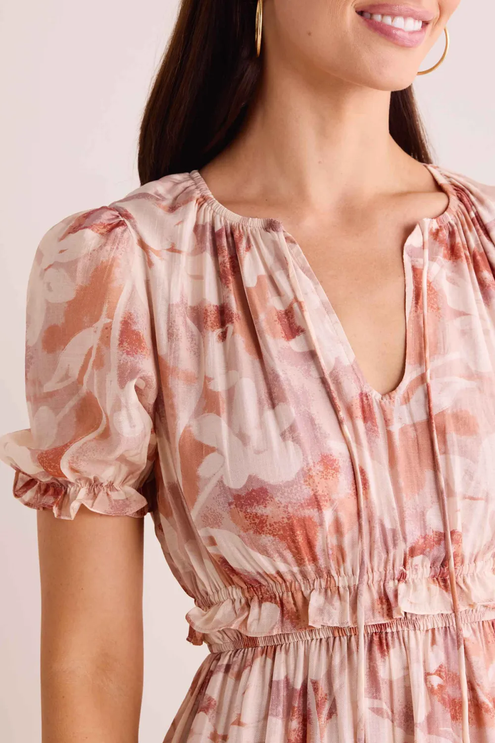 Nude Floral Print Tie-Waist Midi Dress