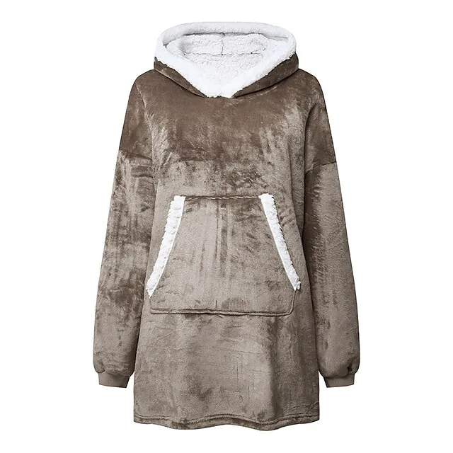 Women's Christmas Couple‘s Pajamas Nightgown Hoodie Blanket Wearable Blanket Grid / Plaid Pure Color Plush Simple Comfort Xmas Home Party Fleece Warm Gift Patchwork Pocket Fall Winter Black Gray