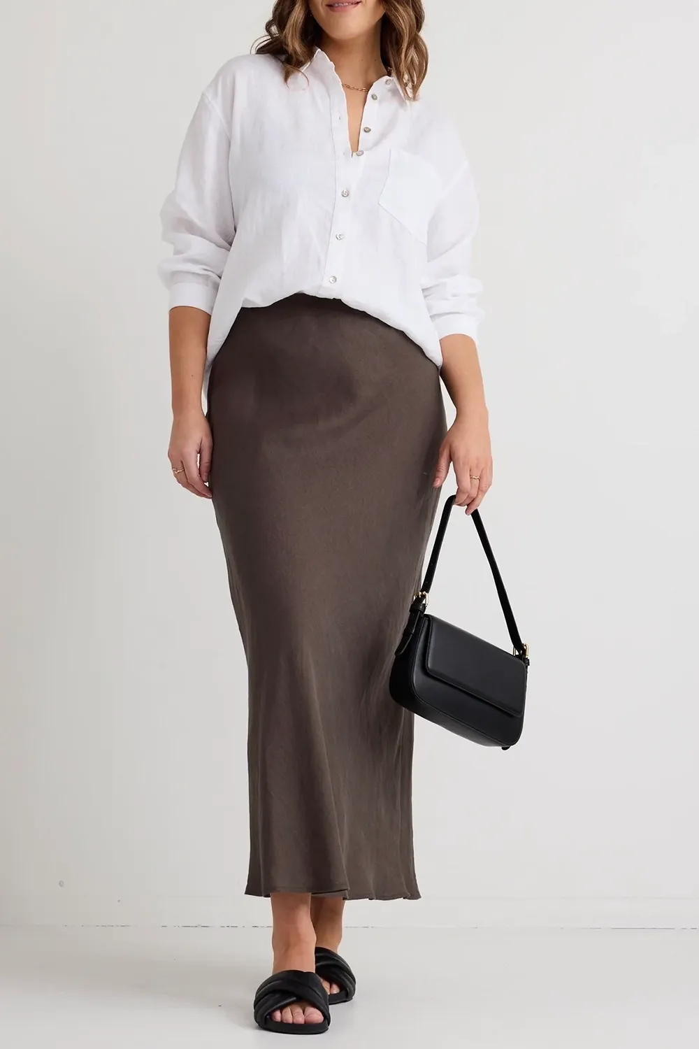 Dark Olive Linen Bias Midi Skirt