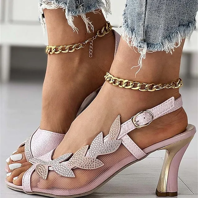 Women's Sandals Block Heel Sandals Velvet Boots Heel Sandals Wedding Daily Summer Rhinestone High Heel Open Toe Elegant Casual Faux Leather Ankle Strap Solid Color White Pink