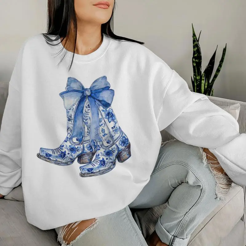 Coquette Blue Floral Boots Bow Cowboy Cowgirl Women Sweatshirt