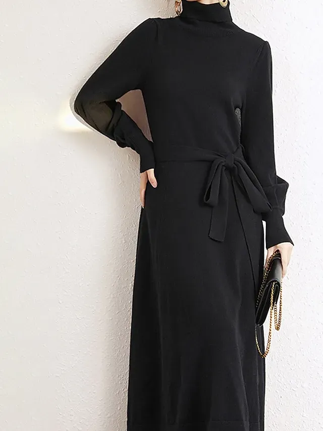 Women's Red Christmas Dress Sweater Dress Jumper Dress Midi Dress Warm Fashion Casual Plain Outdoor Christmas Daily Vacation Turtleneck Long Sleeve Lace up 2023 Regular Fit Black Wine Blue One Size