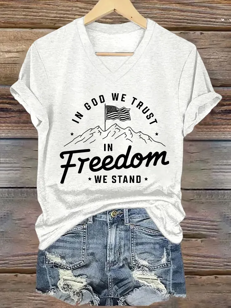 Women's  In God We Trust In Freedom We Stand Print Short Sleeve Round Neck Cotton T-Shirt