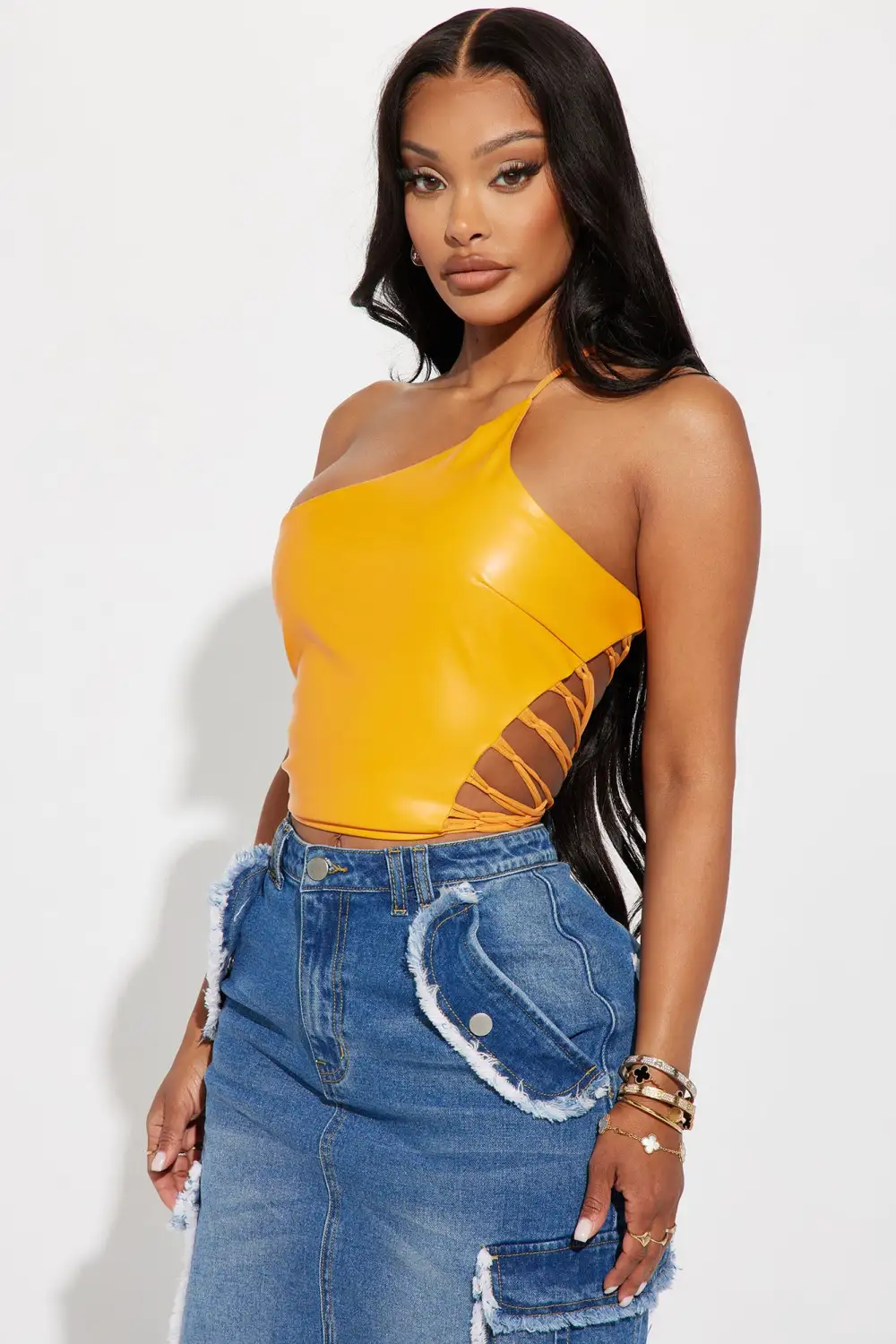 Wrapped Up One Shoulder PU Top - Orange