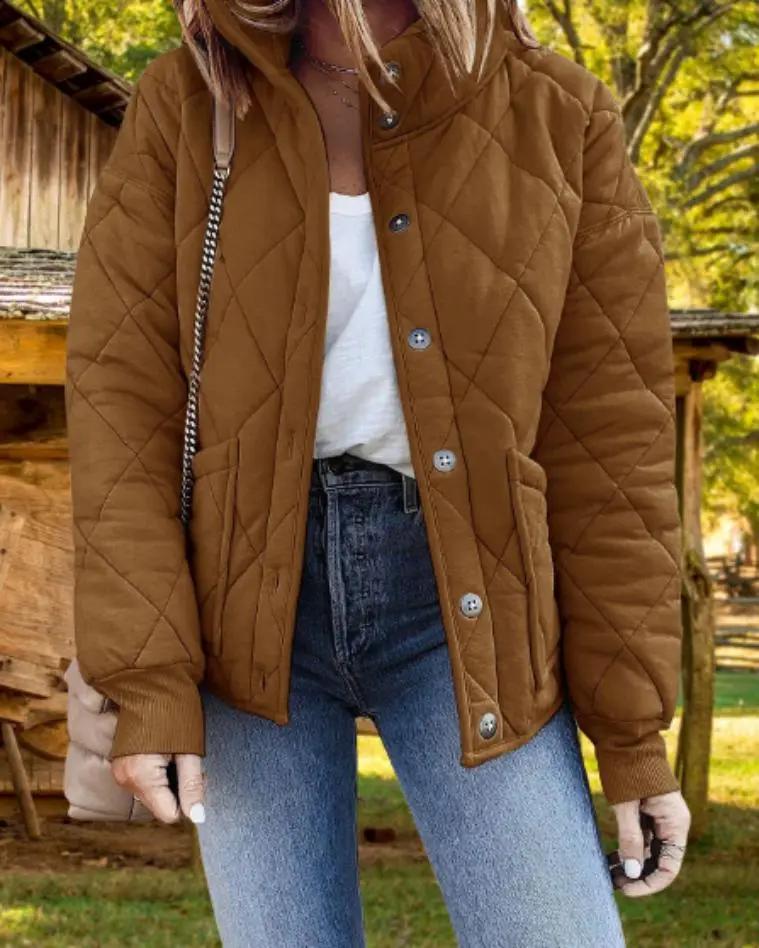 Women's Quilted Jacket Casual Stand Collar Button Coat