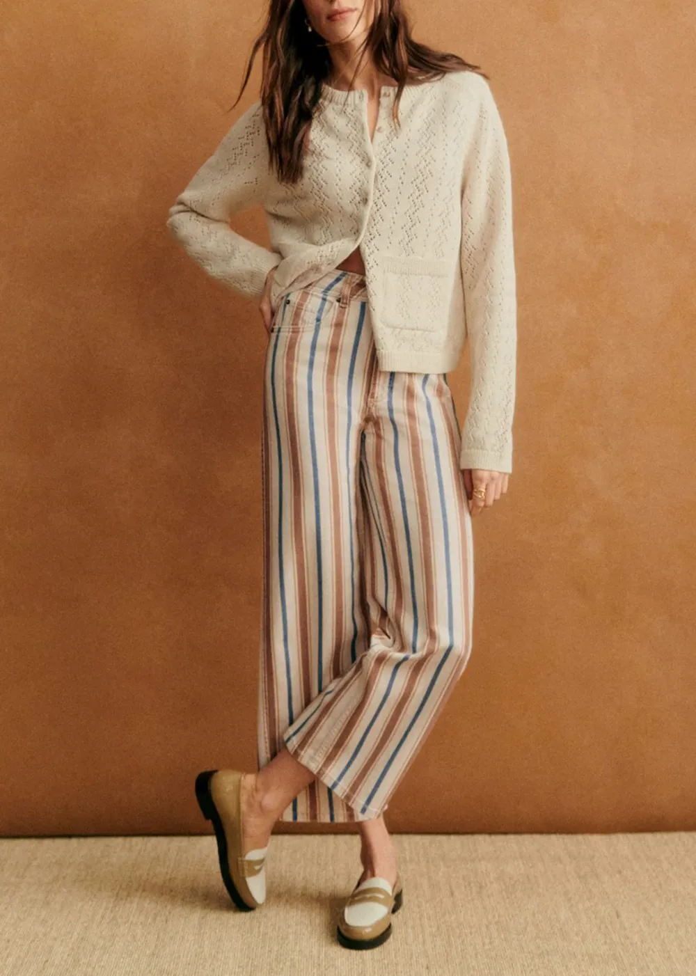 Striped Loose Flared Cropped Trousers