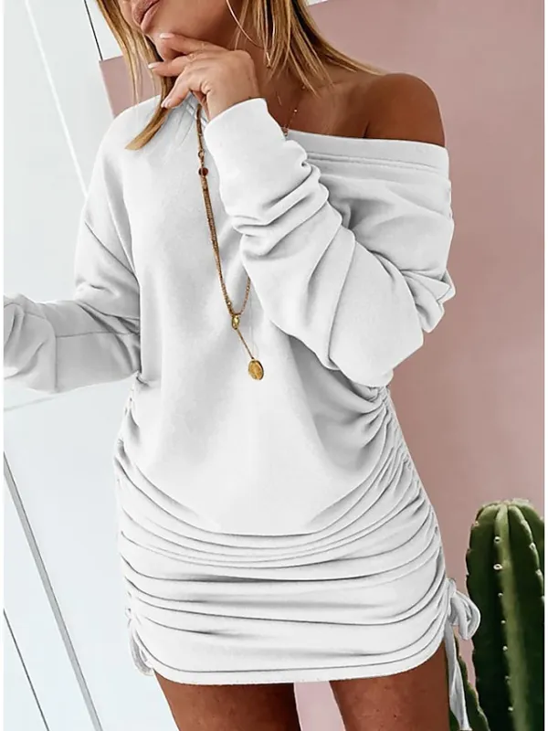 Women‘s Casual Dress Shift Dress Sheath Dress Mini Dress Black White Green Long Sleeve Pure Color Ruched Fall One Shoulder Elegant Winter Dress Fall Dress 2023 S M L XL