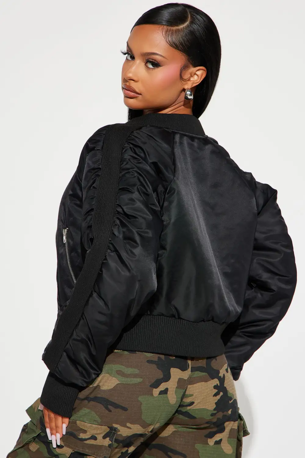 Isabella Ruched Bomber Jacket - Black