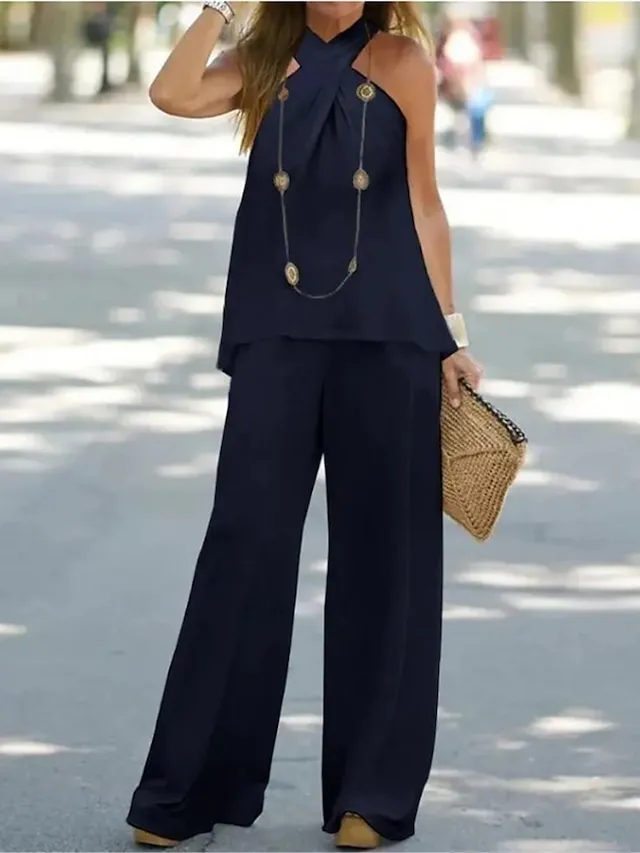 Women's Loungewear Sets Pure Color Simple Casual Comfort Street Daily Date Polyester Breathable Halter Sleeveless Tank Top and Wide Leg Pants Summer Spring White Navy Blue
