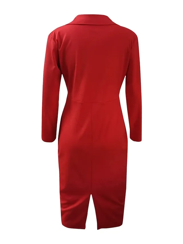 Women's New Year's Eve Dress Work Dress Blazer Dress And Jacket Set Sheath Dress Midi Dress Black White Red Long Sleeve Button Spring Fall Autumn Shirt Collar Office Dress