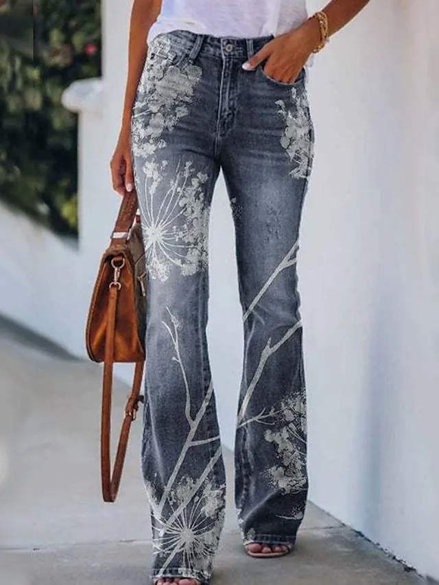 Women's Bootcut Flared Pants Bell Bottom Grey Fashion Casual Daily Full Length Flower / Floral XXL