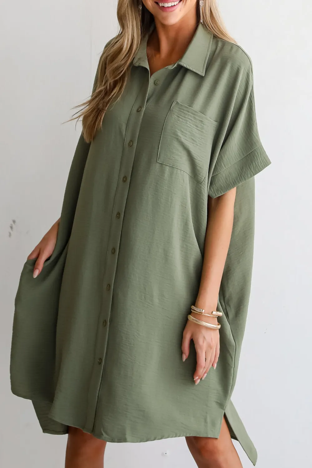Composed Persona Green Button Front Midi Dress