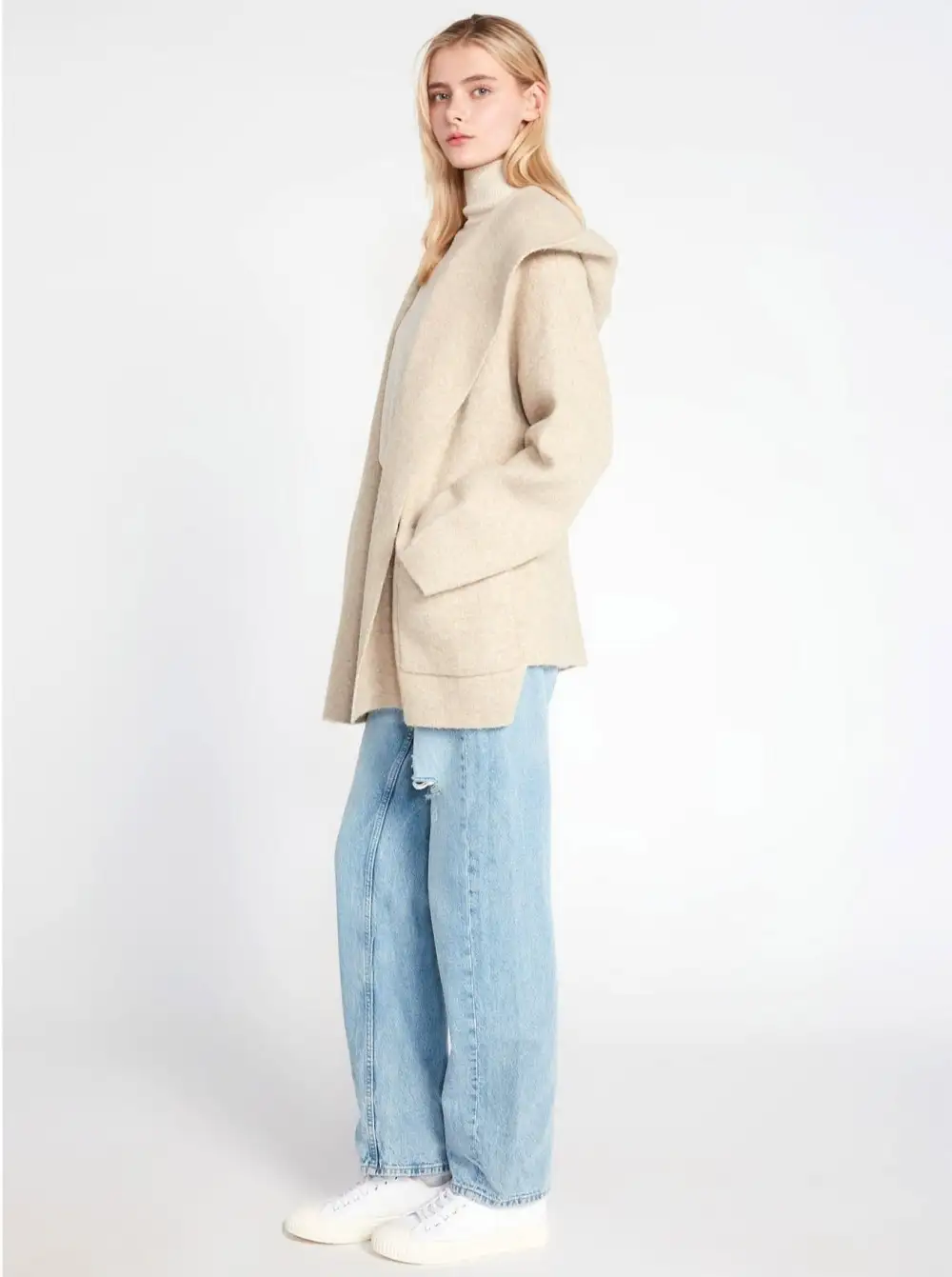 Hooded Open Lapel Sweater Coat