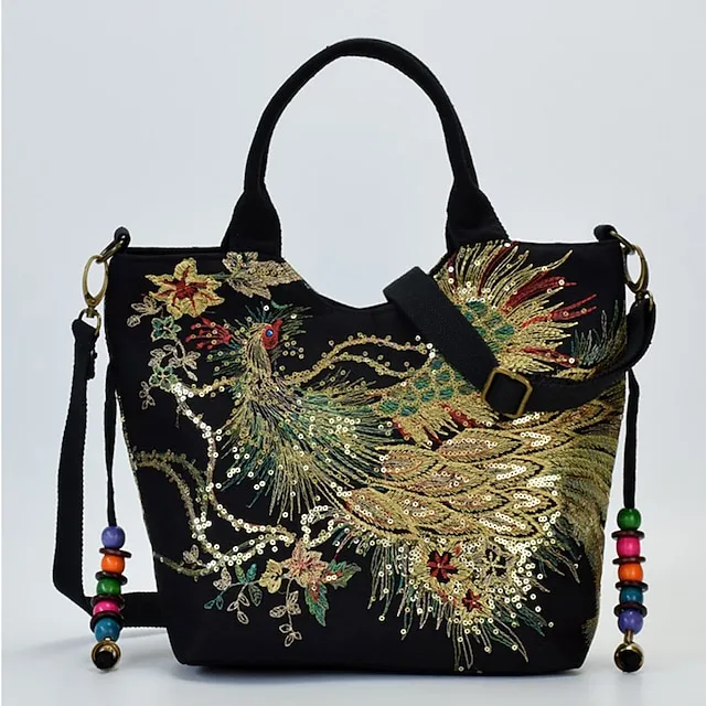 Women's Handbag Crossbody Bag Canvas Tote Bag Canvas Outdoor Daily Holiday Beading Animal Embroidery Black Red Blue