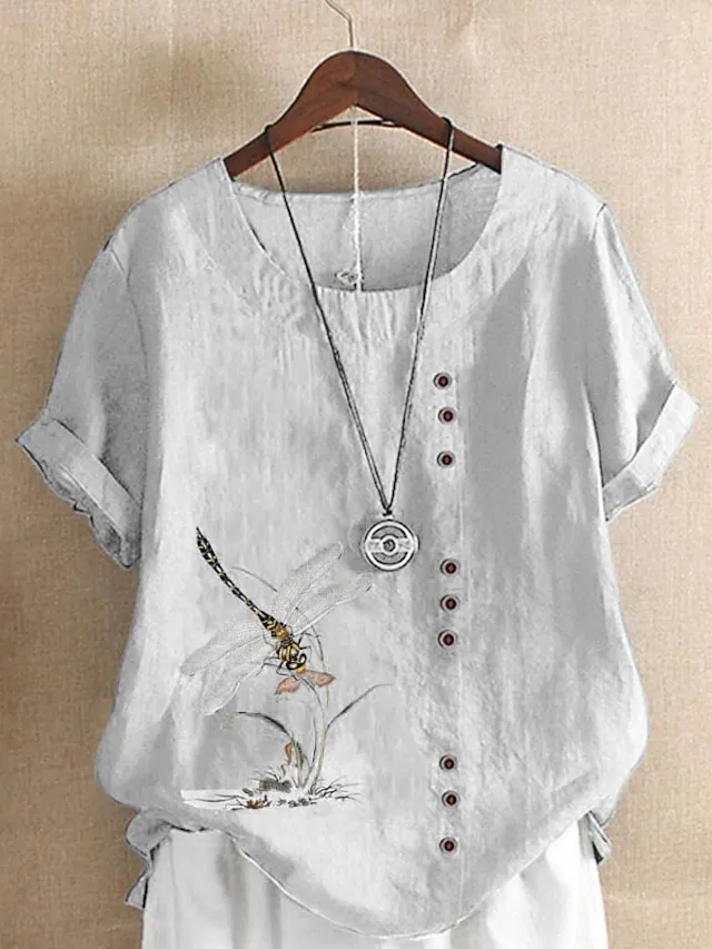 Women's Linen Shirt T shirt Tee Blouse White Pink Blue Floral Button Print Short Sleeve Daily Going out Weekend Streetwear Crewneck Regular Fit Summer Spring