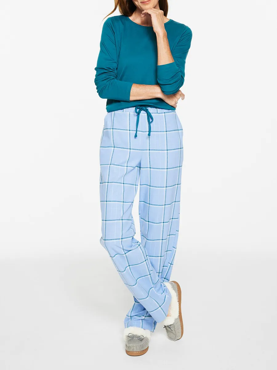 Women'S Casual Blue Plaid Drawstring Pajama Set