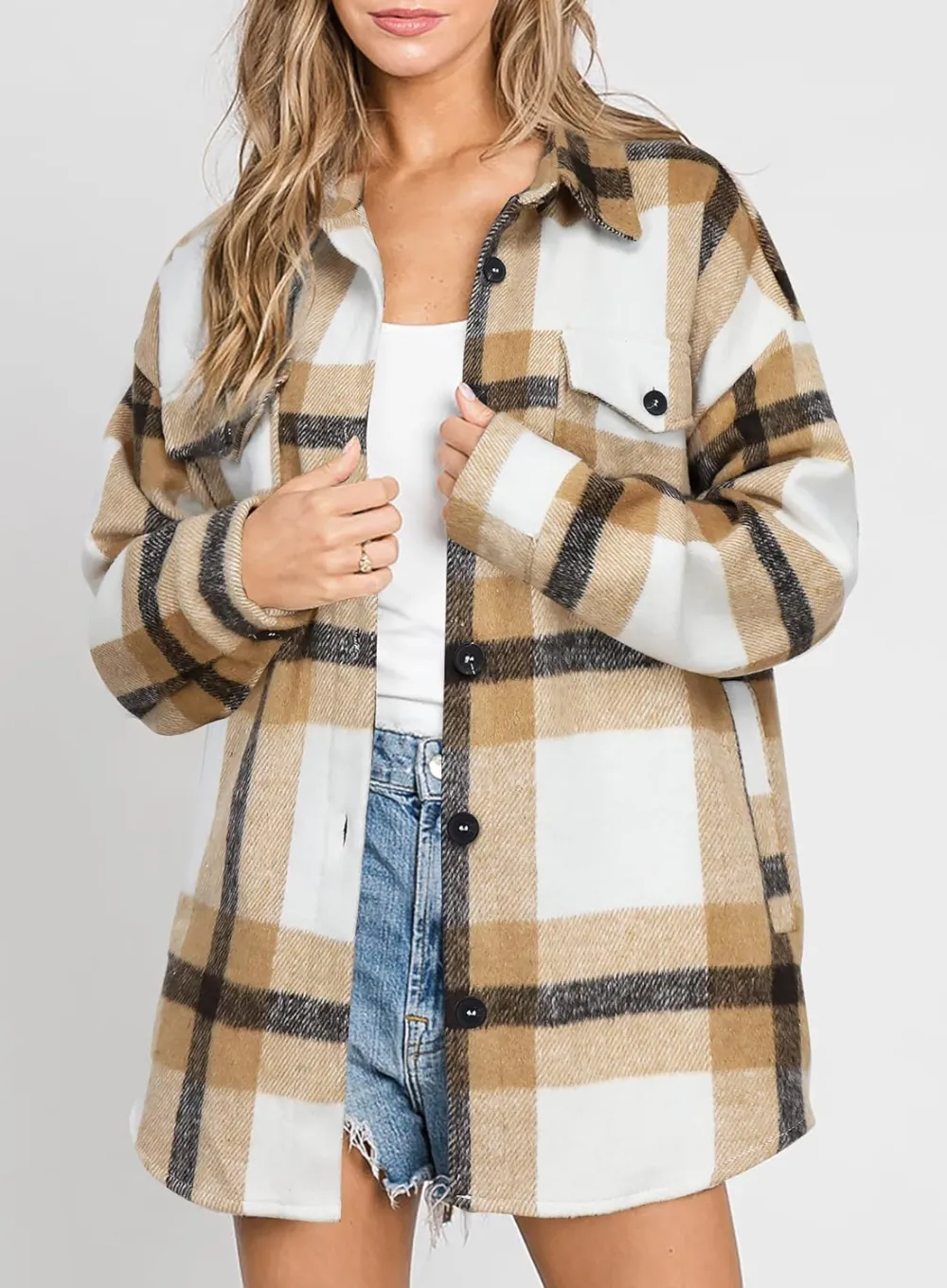 Women's Flannel Plaid Shacket Long Sleeve Button Down Chest Pocketed Shirts Jacket Coats