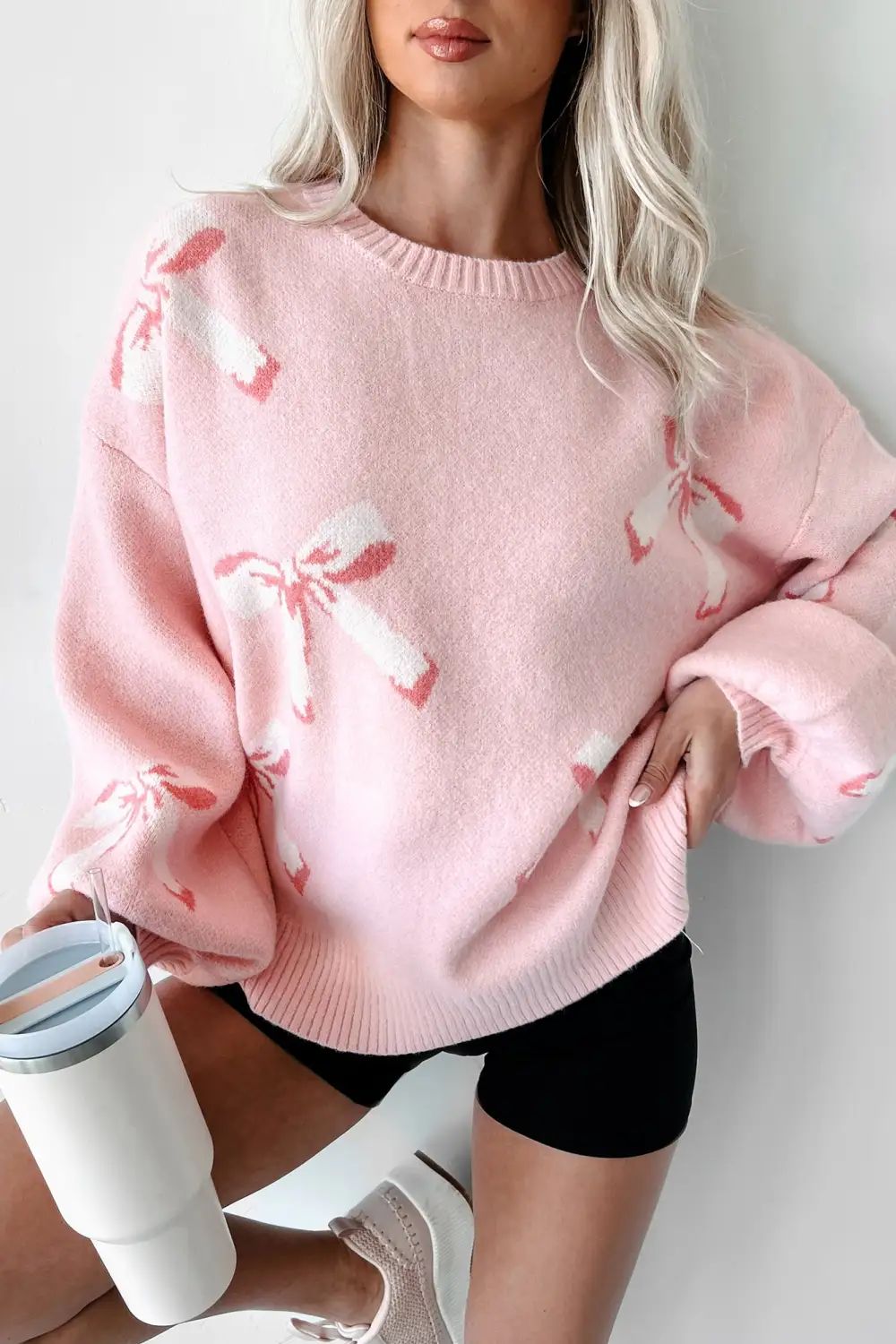 Pink With Bow Print Sweater