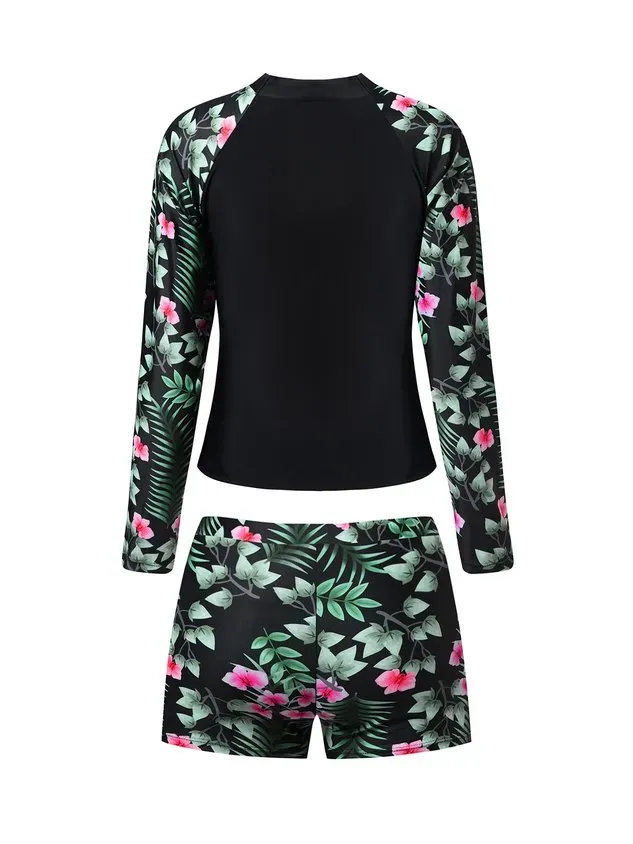 Sports Floral Printing Crew Neck Surf Suit