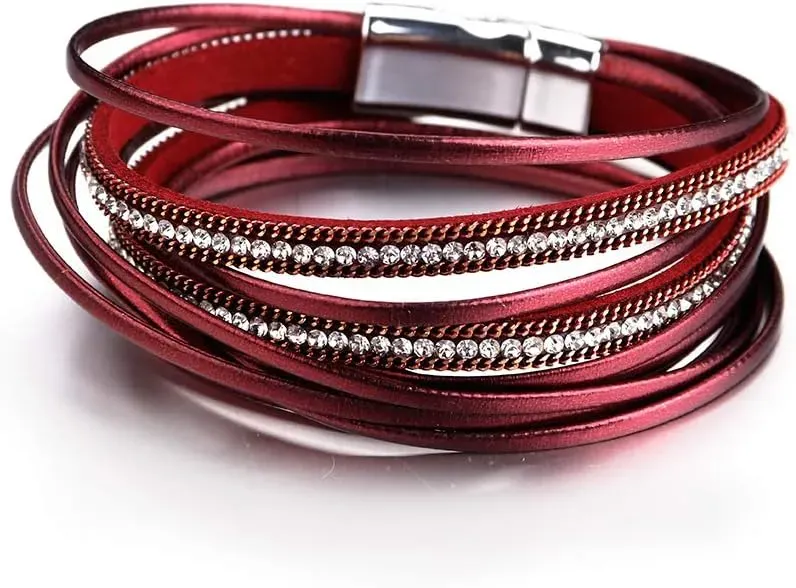 Fesciory Leather Wrap Bracelets for Women, Boho Leopard Multi-Layer Crystal Beads Cuff Bracelet Jewelry