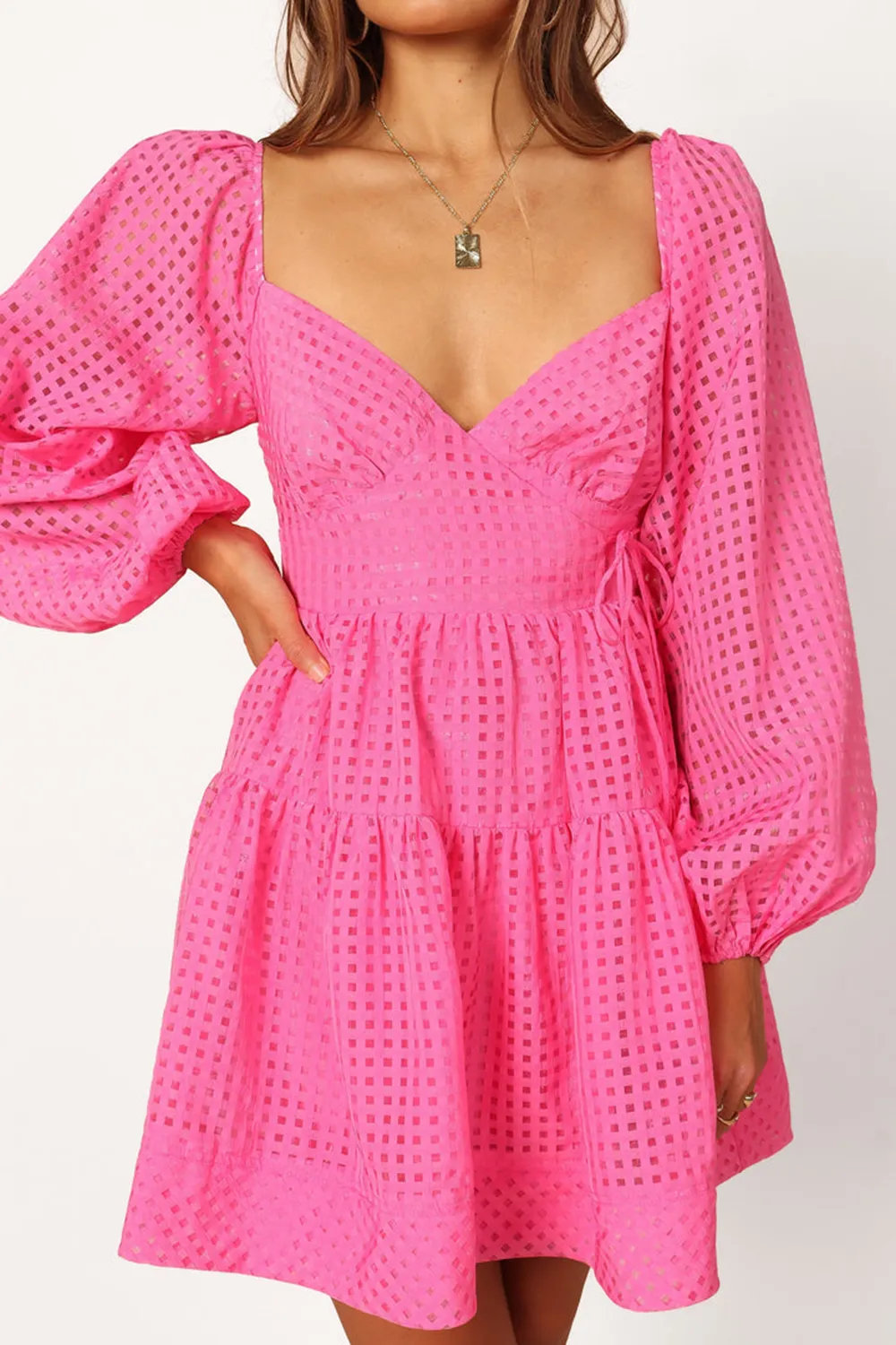 DEEP V NECK MAGENTA LONG SLEEVE MINI DRESS