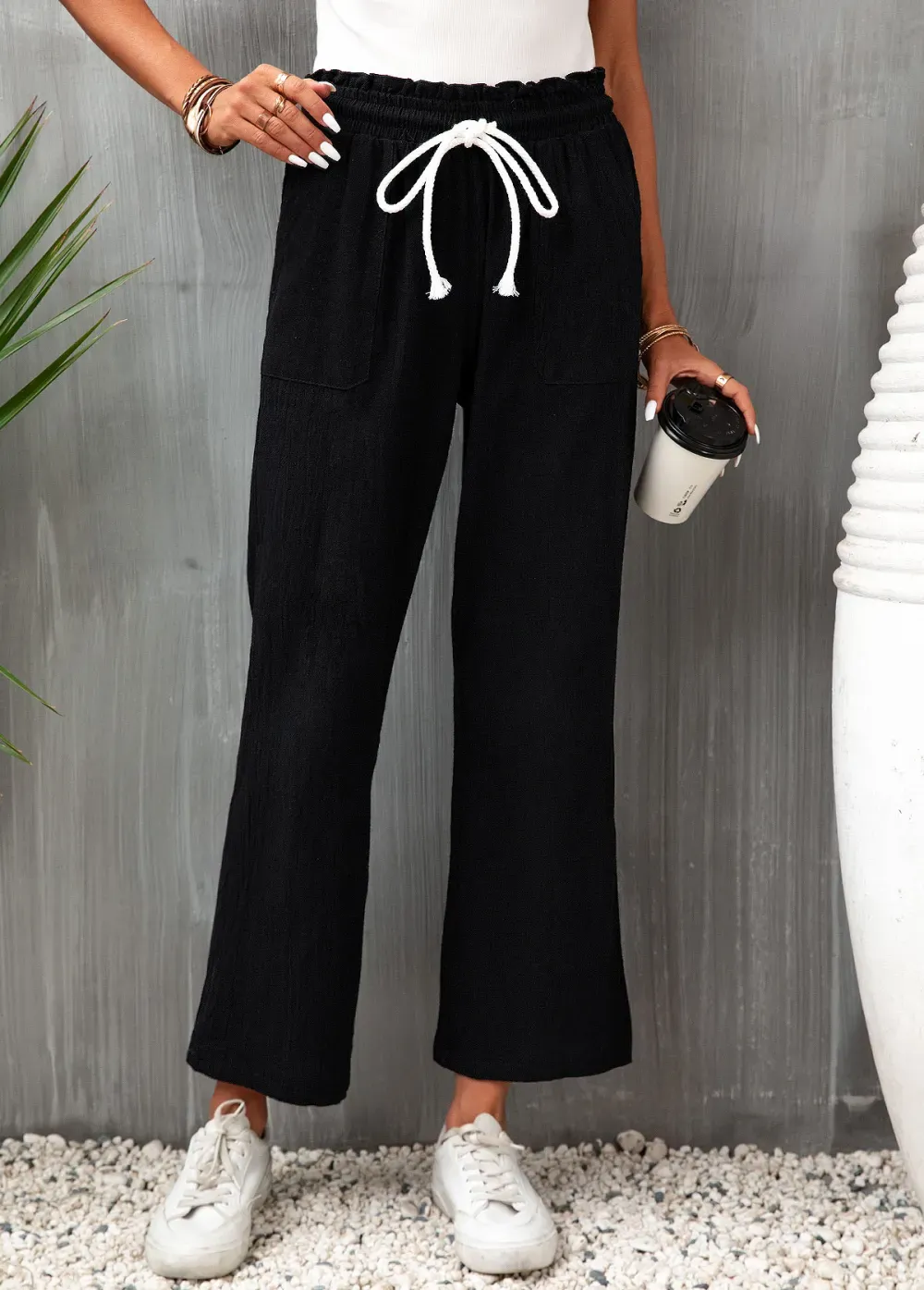 Black Pocket Flare Leg Elastic Waist Pants