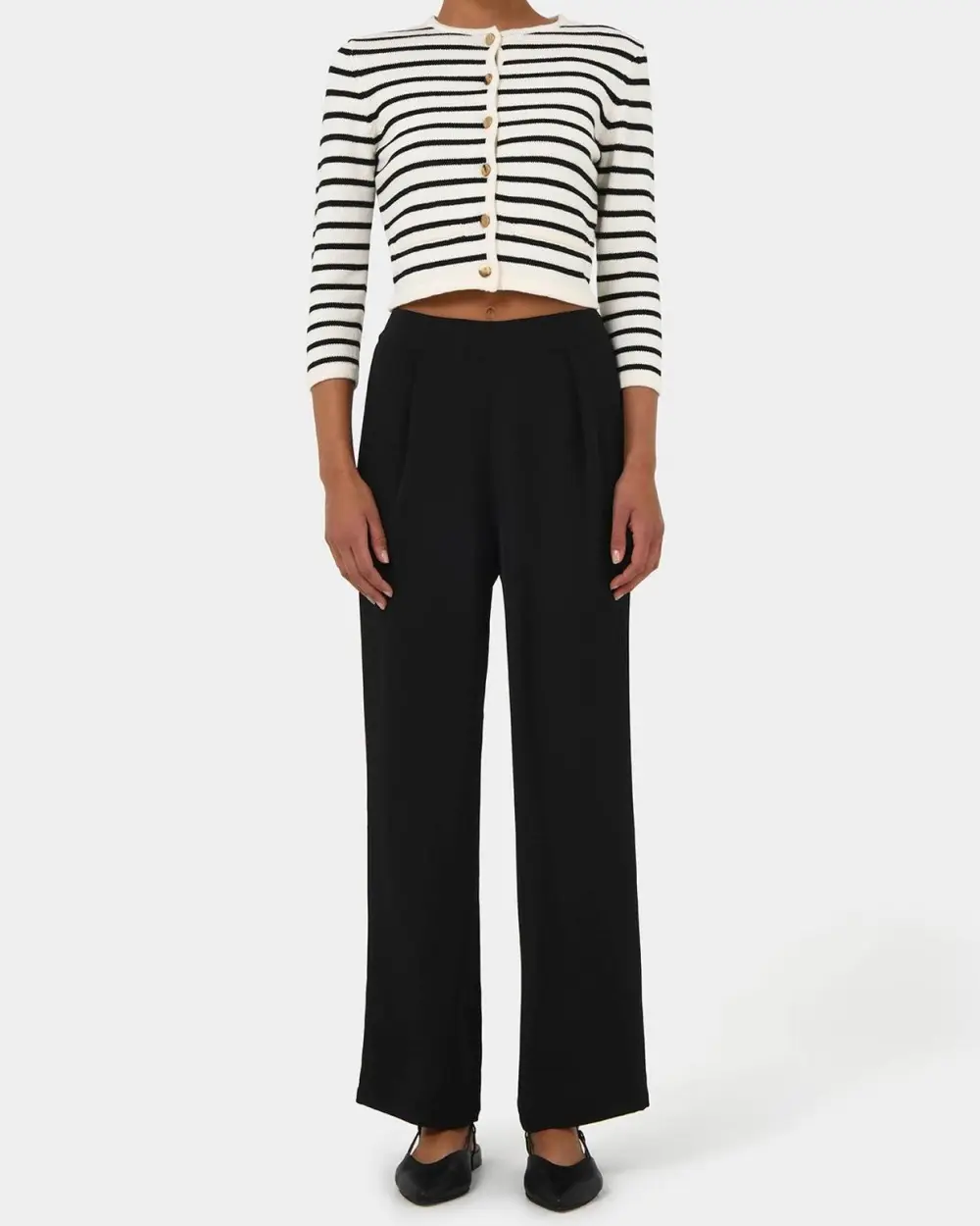 Straight Wide Leg Elastic Waist Pants -Black