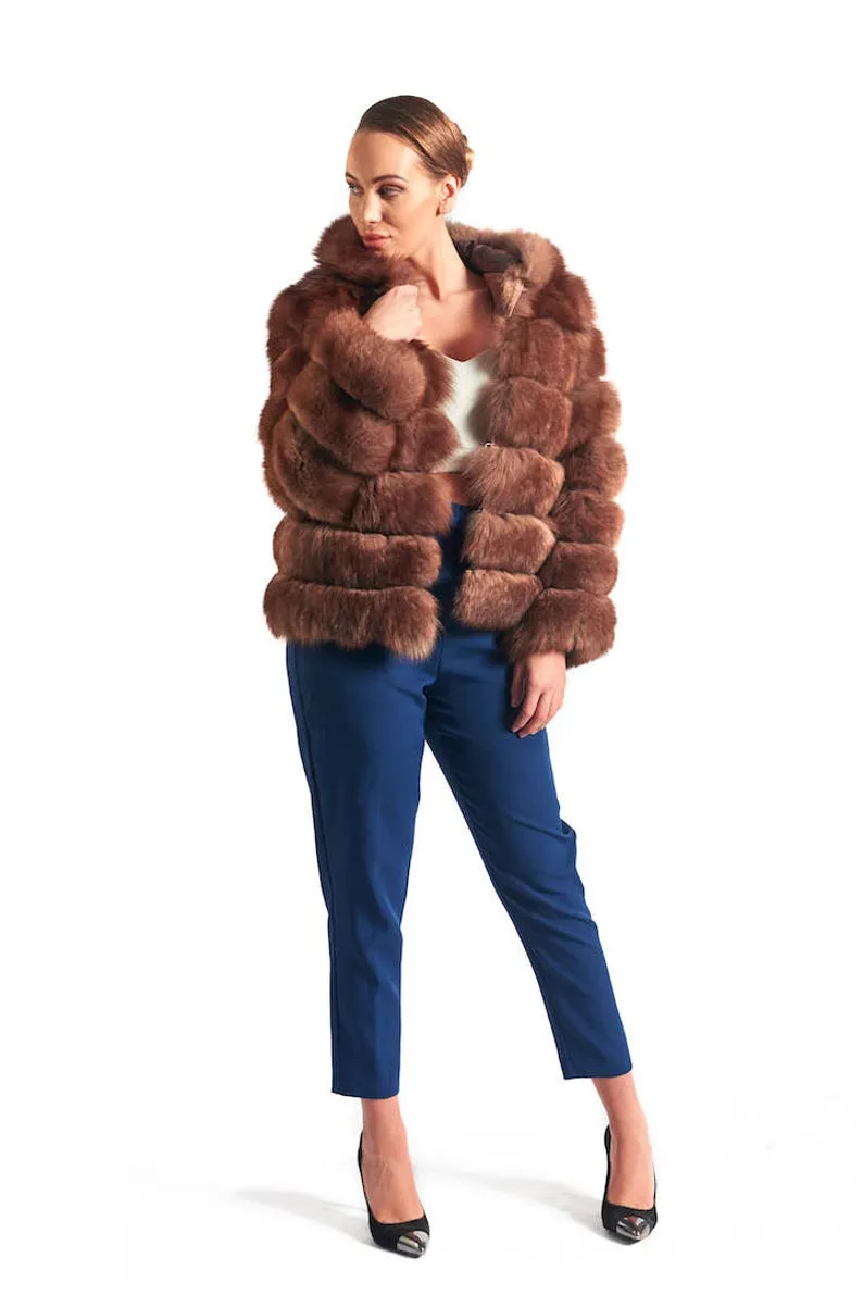 Brown  Fox Fur Coat Women's Hooded