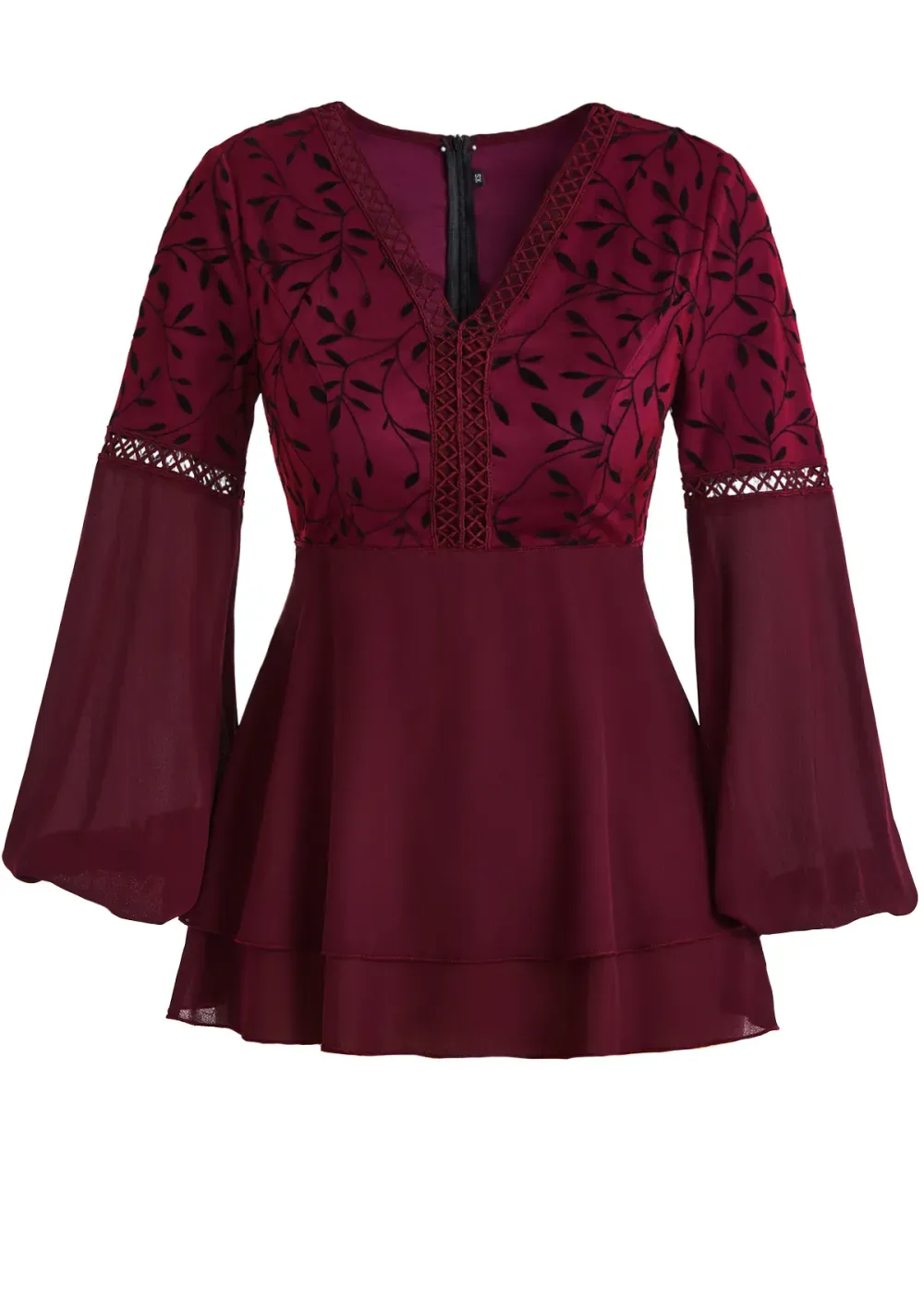 Wine Red Patchwork Leaf Print Long Sleeve Blouse