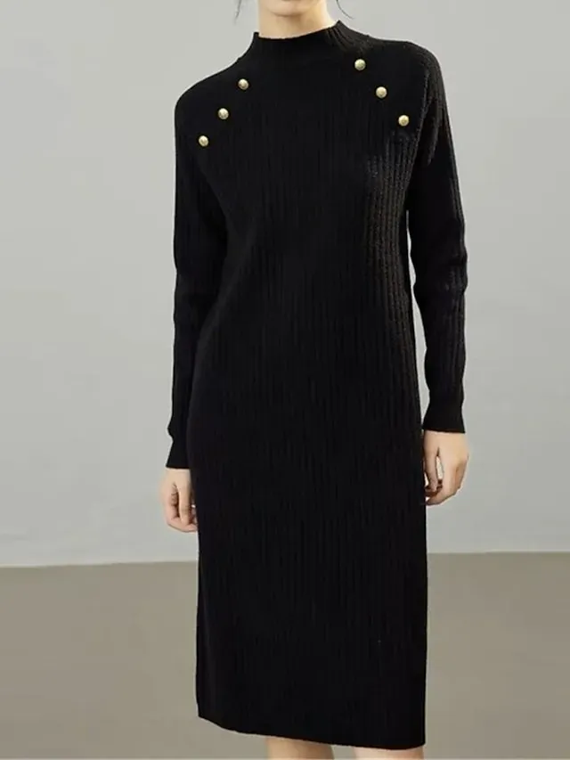 Women's Sweater Dress Jumper Dress Winter Dress Midi Dress Warm Fashion Casual Pure Color Outdoor Daily Vacation Going out Crew Neck Long Sleeve Button 2023 Loose Fit Black White Green One Size