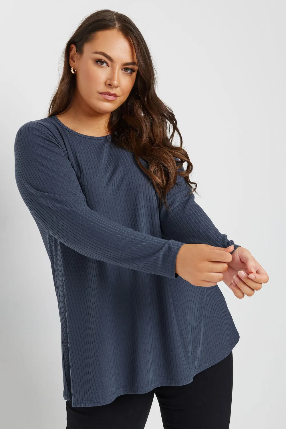 YOURS Curve Black Long Sleeve Ribbed Swing Top