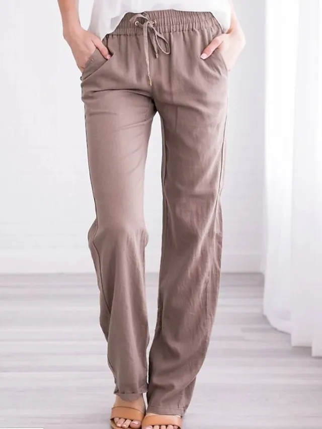 Women‘s Chinos Pants Trousers Baggy Full Length Pocket Cotton Linen Mid Waist Classic Casual Office Work Black Red S M Summer Spring &  Fall