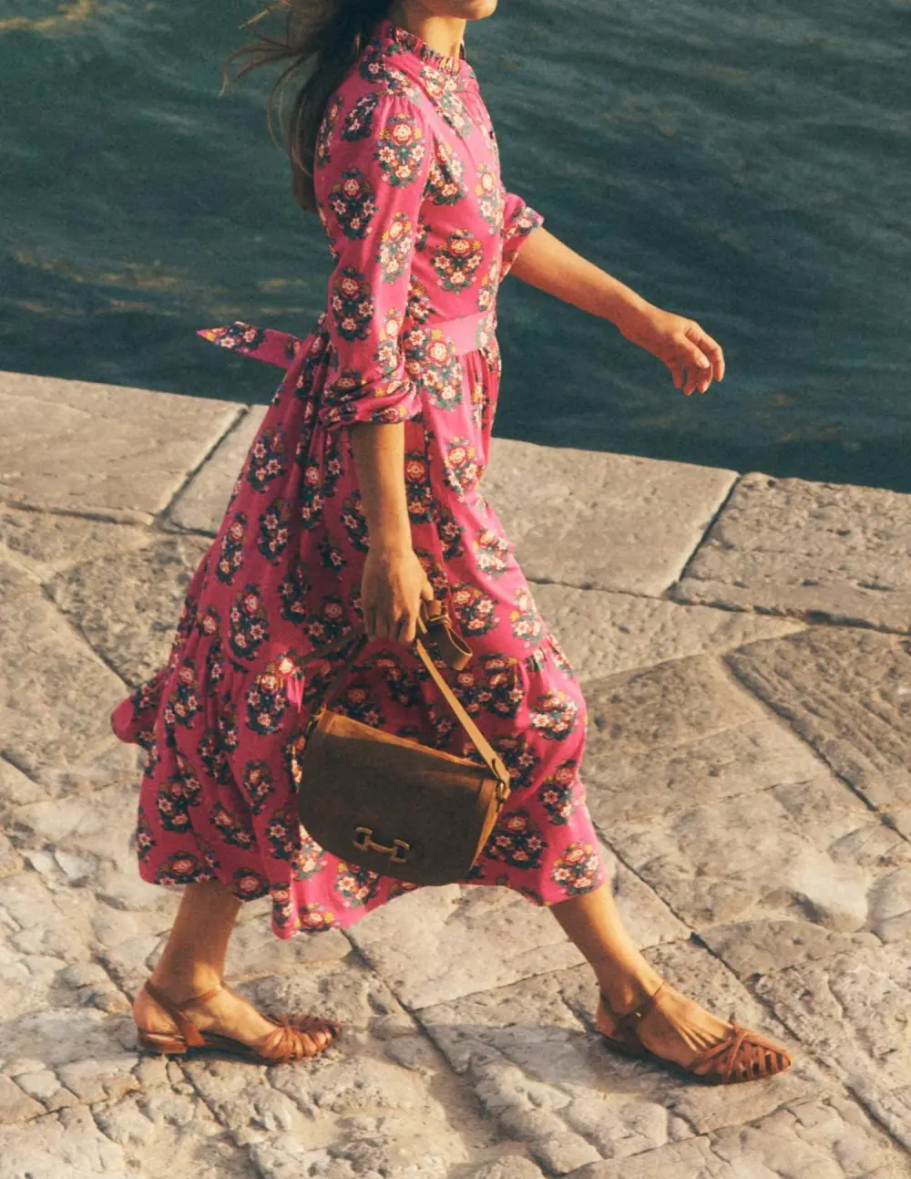 Hot Pink Floral Belted Midi Dress