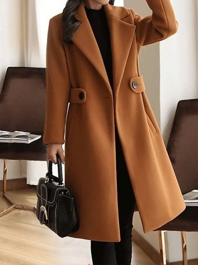 Women's Winter Coat Long Pea Coat Lapel Fall Warm Overcoat Maillard Windproof Warm Outerwear with Pockets Trench Coat Comtemporary Stylish Casual Jacket Long Sleeve Red Camel Brown