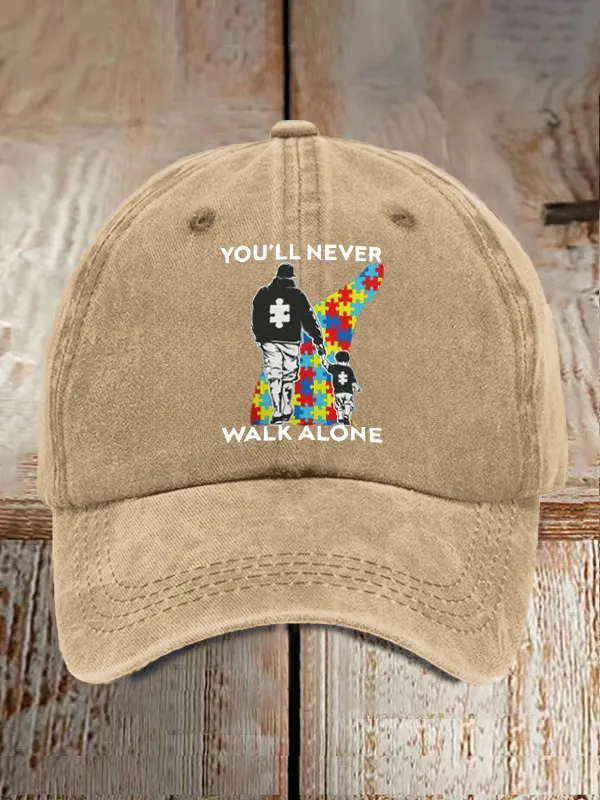 Retro Autism Awareness Dad And Son You'Ll Never Walk Alone Print Baseball Cap