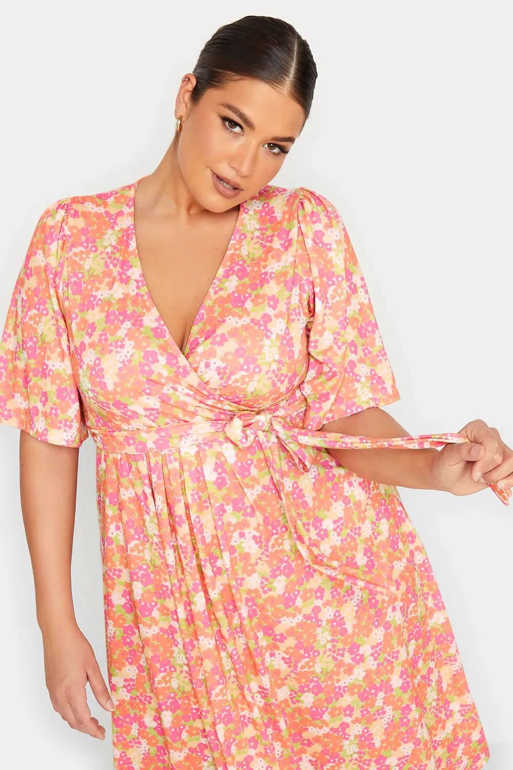 YOURS Curve Orange Floral Print Wrap Midi Dress