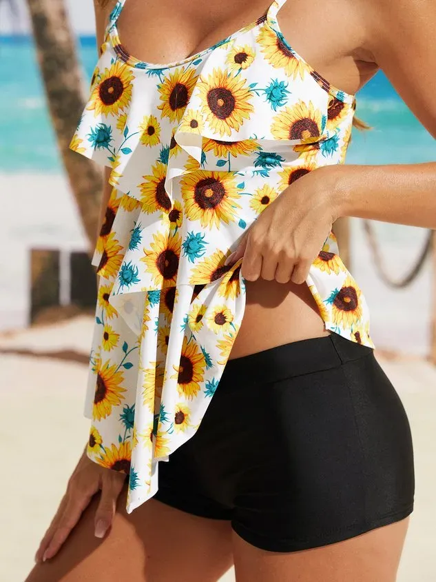 Vacation Floral Flouncing Scoop Neck Tankinis Two-Piece Set
