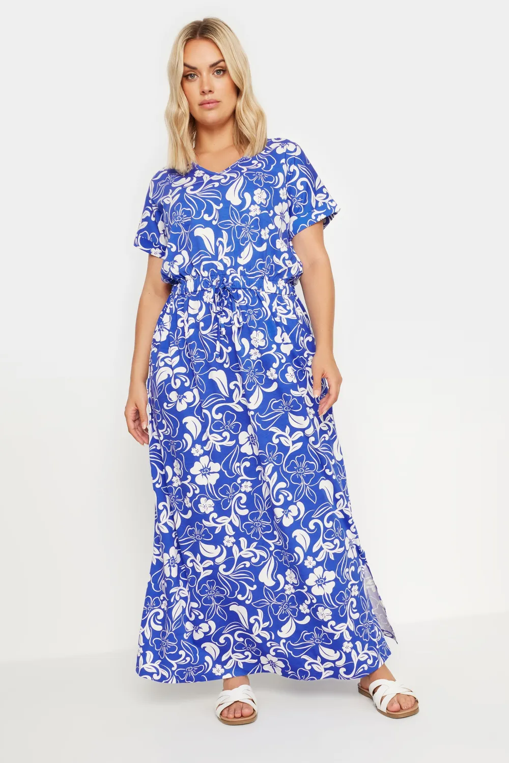 YOURS Curve Blue Floral Print Tie Waist Maxi Dress