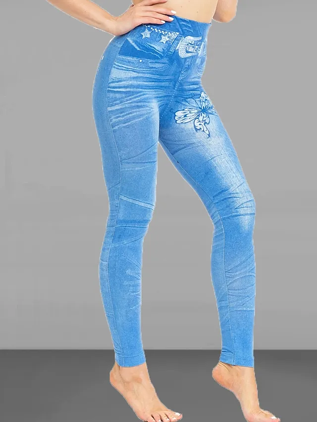 Women's Slim Pants Trousers Leggings Full Length Faux Denim Pocket High Cut High Elasticity High Waist Fashion Streetwear Street Causal Black Blue S M Summer Fall