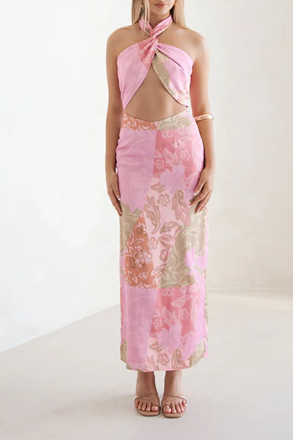 Halter Neck Floral Print Cut Out Midi Dress