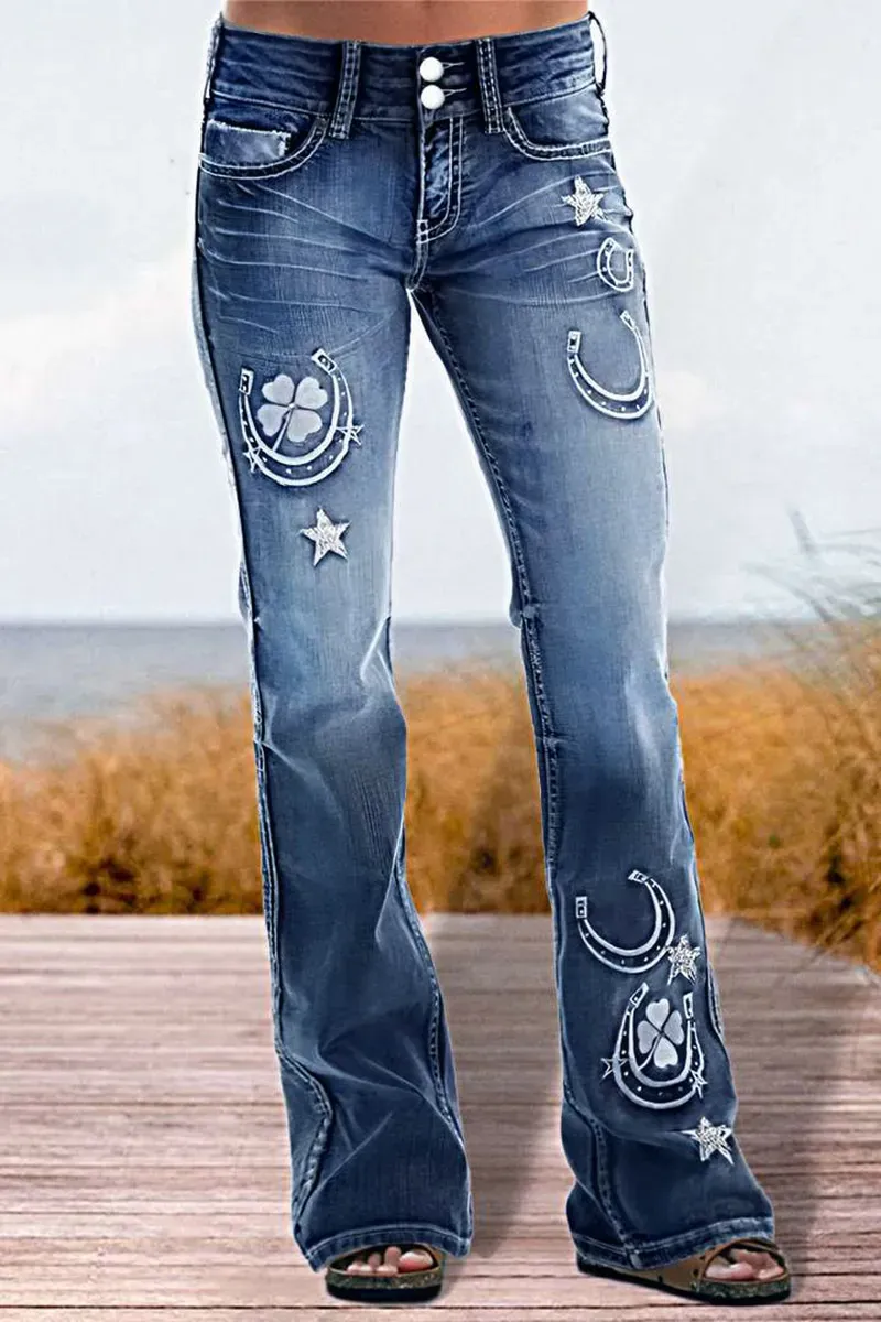 Star & Moon Pattern Button Front Mid Rise Bootcut Jeans