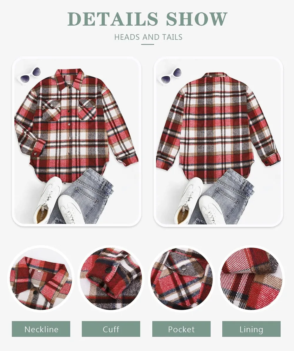 Women's Flannel Plaid Shacket Long Sleeve Button Down Chest Pocketed Shirts Jacket Coats