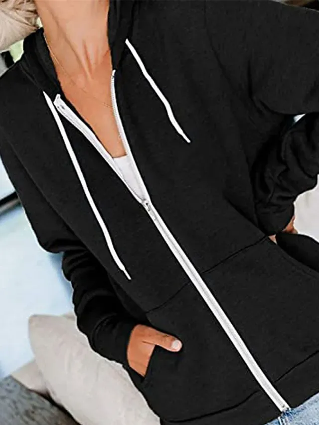 Women's Hoodied Jacket Casual Jacket Fall Spring Outdoor Zipper Plain Breathable Streetwear Regular Fit Outerwear Long Sleeve Summer Black S