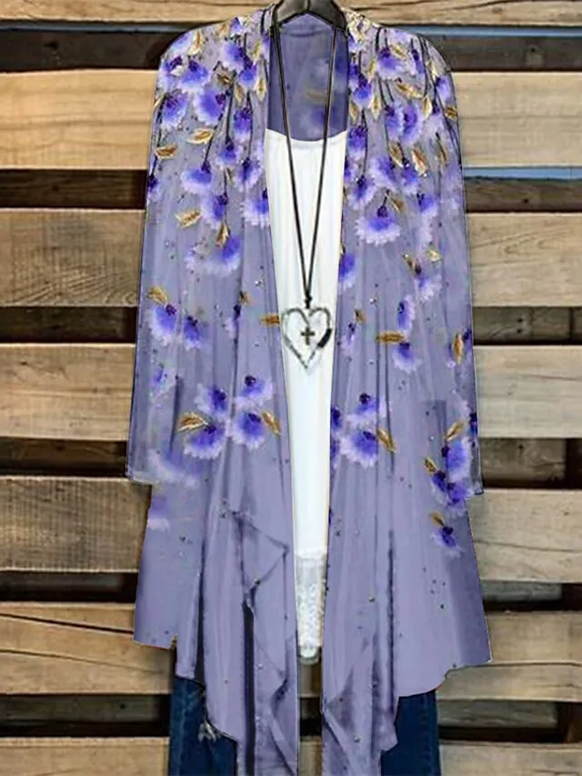 Women's Plus Size Jacket Sequins Print Floral Tie Dye Color Gradient Holiday Date Long Sleeve Open Front Regular Winter Fall Green Black Purple L XL XXL 3XL