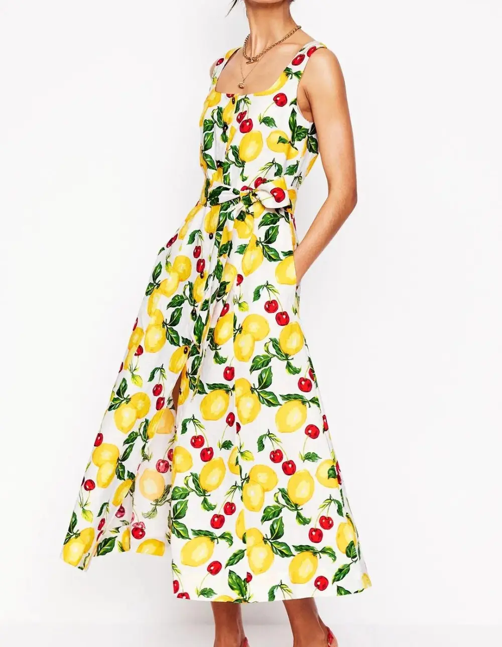 Square Neck Linen Midi Dress