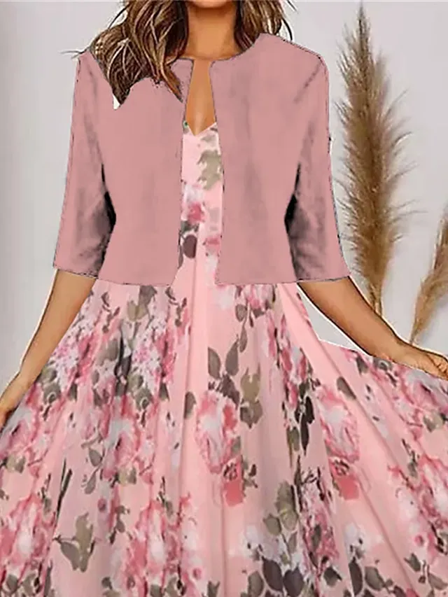 Women's Two Piece Dress Set Casual Dress Chiffon Dress Outdoor Daily Fashion Modern Print Midi Dress V Neck Half Sleeve Floral Regular Fit Pink Summer Spring S M L XL XXL