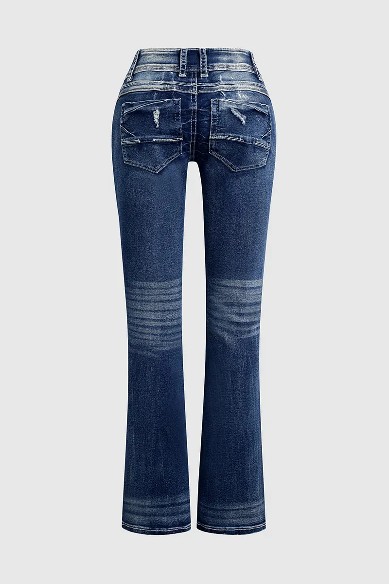 Ripped Contrast Stitch Mid Rise Bootcut Jeans