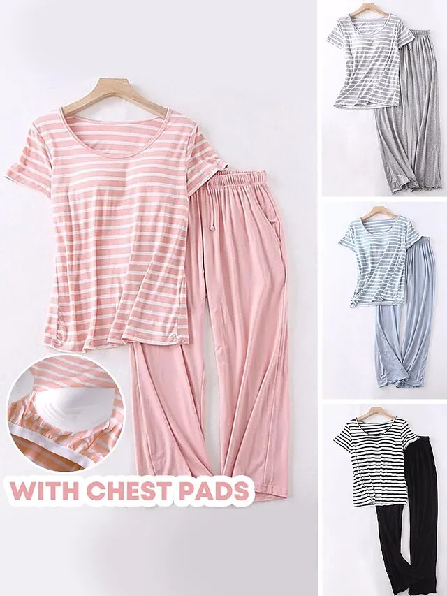 Women's 2 Piece Pajama Sets  with Chest Pad Long Sleeve Stripe Shirt and Pants Crew Neck Spring Autumn Pink Blue