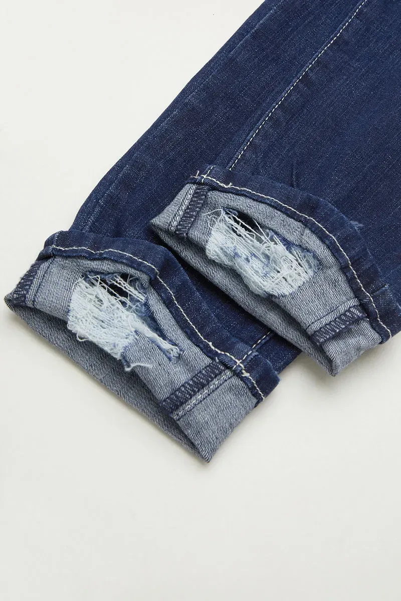 Multi Button Distressed Roll Up Hem Mid Waist Skinny Jeans